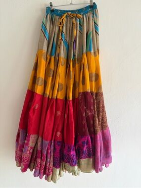 Stunning Bohemian Tiered Patchwork Silk Sari Maxi Skirt